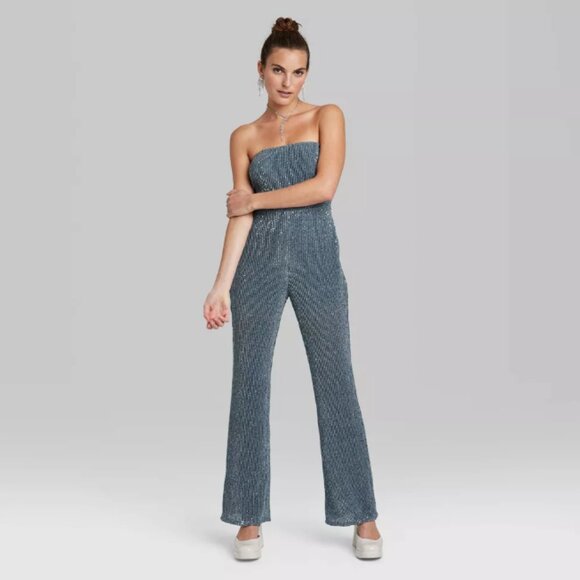 Wild Fable Women's Tube Sequin Slate Blue Mesh Jumpsuit - Picture 1 of 2